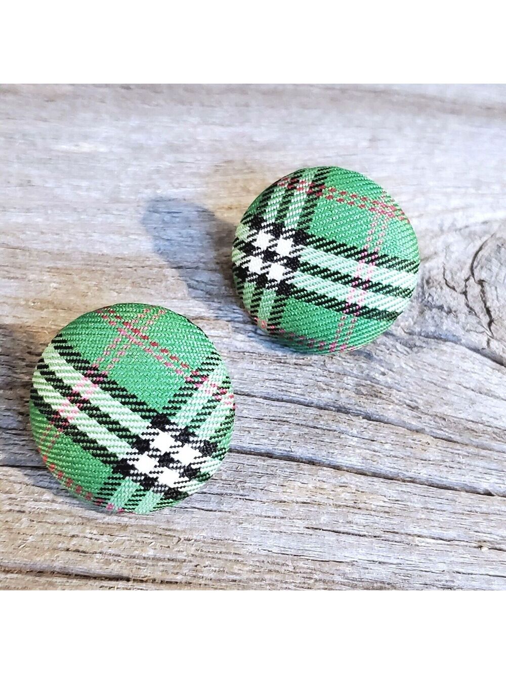 Green Black White Tartan Plaid Fabric Button Earrings